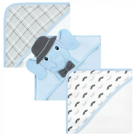 Hudson Baby Infant Boy Cotton Rich Hooded Towels, Blue Charcoal Elephant, One Size