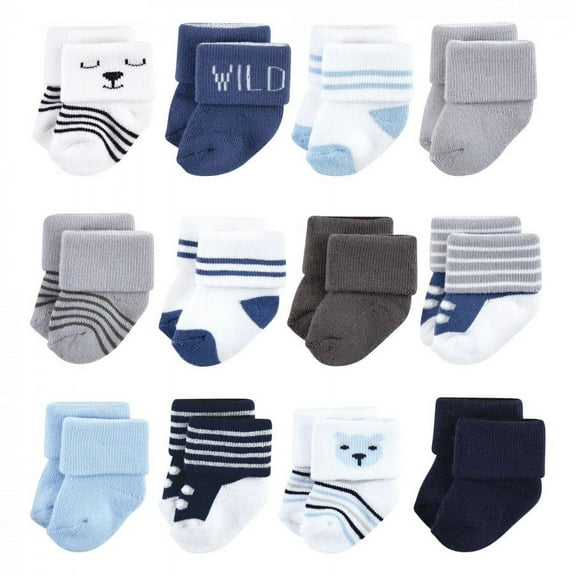 Hudson Baby Infant Boy Cotton Rich Newborn and Terry Socks, Bear Boy 12Pk, 0-6 Months