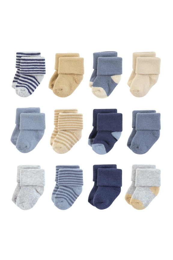 Infant Boy Cotton Rich Newborn and Terry Socks, Blue Brown Stripes, 6-12 Months