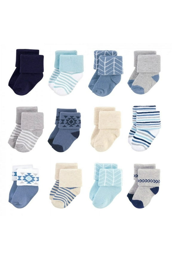 Infant Boy Cotton Rich Newborn and Terry Socks, Blue Gray Aztec, 6-12 Months