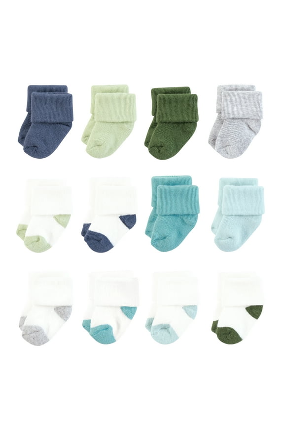 Infant Boy Cotton Rich Newborn and Terry Socks, Blue Green Heel Toe, 0-6 Months