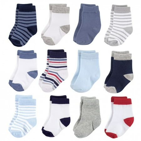 Hudson Baby Infant Boy Cotton Rich Newborn and Terry Socks, Boy Stripe White, 0-6 Months