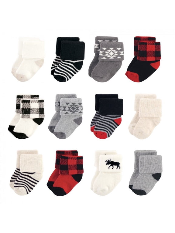 Infant Boy Cotton Rich Newborn and Terry Socks, Buffalo Plaid Moose, 0-6 Months