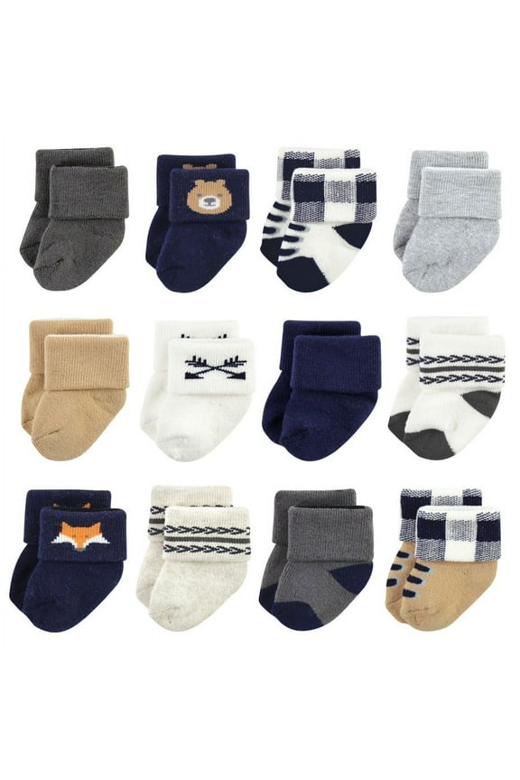 Infant Boy Cotton Rich Newborn and Terry Socks, Forest 12-Pack, 0-6 Months
