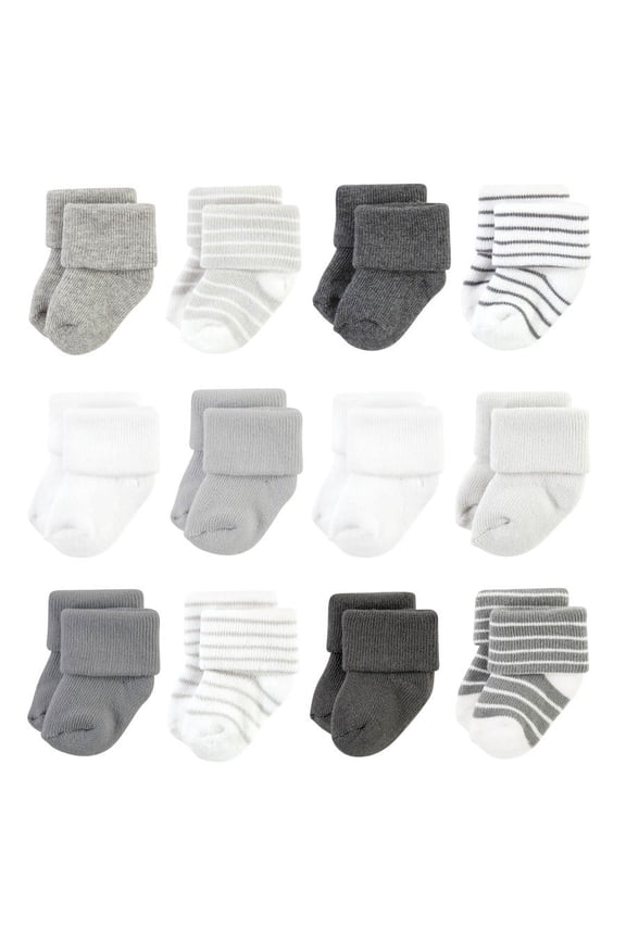 Infant Boy Cotton Rich Newborn and Terry Socks, Gray Stripe 12 Pack, 0-6 Months