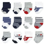Hudson Baby Infant Boy Cotton Rich Newborn and Terry Socks, Mom  Dad Boy Navy Red, 0-6 Months
