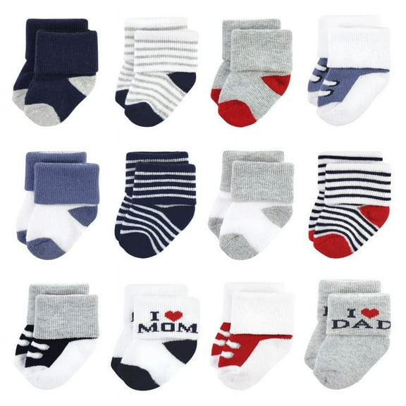 Hudson Baby Infant Boy Cotton Rich Newborn and Terry Socks, Mom  Dad Boy Navy Red, 6-12 Months