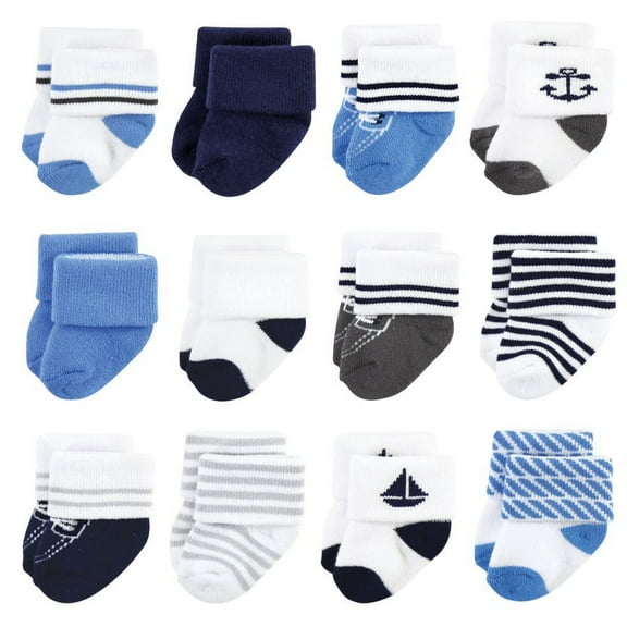 Hudson Baby Infant Boy Cotton Rich Newborn and Terry Socks, Nautical 12-Pack, 0-6 Months