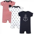 thumbnail image 1 of Hudson Baby Infant Boy Cotton Rompers 3pk, Captain, 0-3 Months, 1 of 4