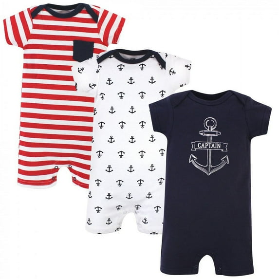 Hudson Baby Infant Boy Cotton Rompers 3pk, Captain, 0-3 Months