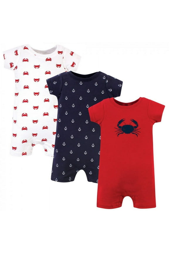 Infant Boy Cotton Rompers 3pk, Crab, 3-6 Months
