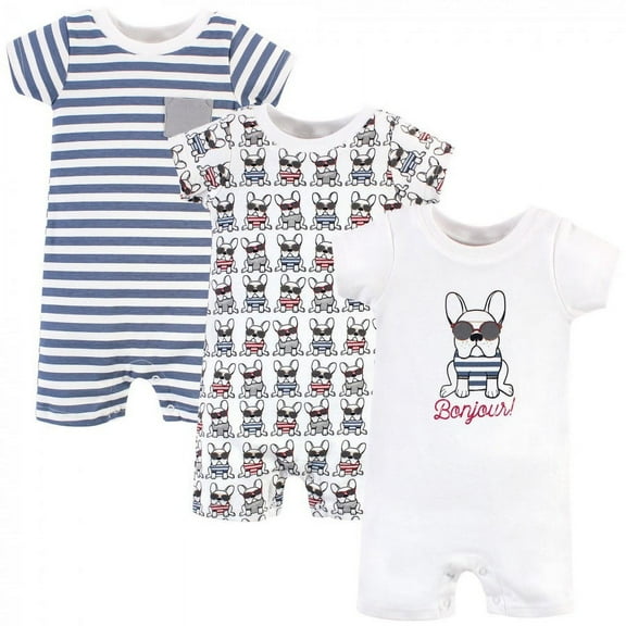 Hudson Baby Infant Boy Cotton Rompers 3pk, French Dog, 0-3 Months
