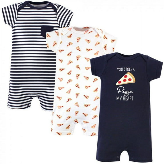 Hudson Baby Infant Boy Cotton Rompers 3pk, Pizza, 3-6 Months