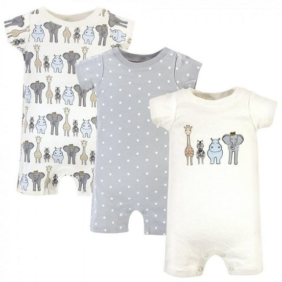 Hudson Baby Infant Boy Cotton Rompers 3pk, Royal Safari, 0-3 Months