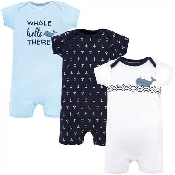 Hudson Baby Infant Boy Cotton Rompers 3pk, Sailor Whale, 18-24 Months
