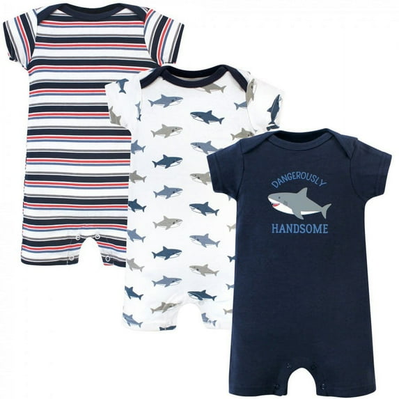 Hudson Baby Infant Boy Cotton Rompers 3pk, Shark, 0-3 Months