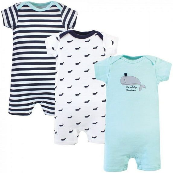 Hudson Baby Infant Boy Cotton Rompers 3pk, Teal Whale, 18-24 Months