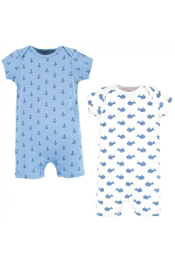 Infant Boy Cotton Rompers, Blue Whale 2-Pack, 12-18 Months