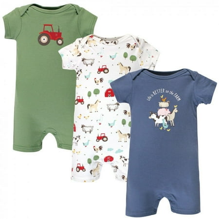 Hudson Baby Infant Boy Cotton Rompers, Boy Farm Animals, 3-6 Months