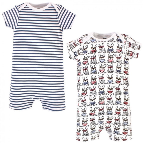 Hudson Baby Infant Boy Cotton Rompers, French Dog 2-Pack, 0-3 Months