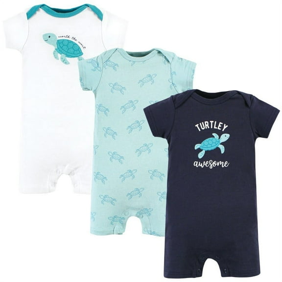 Hudson Baby Infant Boy Cotton Rompers, Sea Turtle, 0-3 Months