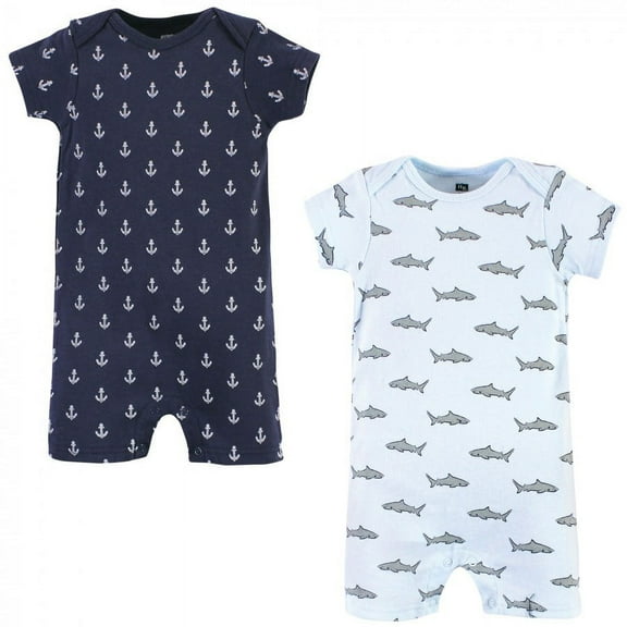 Hudson Baby Infant Boy Cotton Rompers, Shark, 9-12 Months