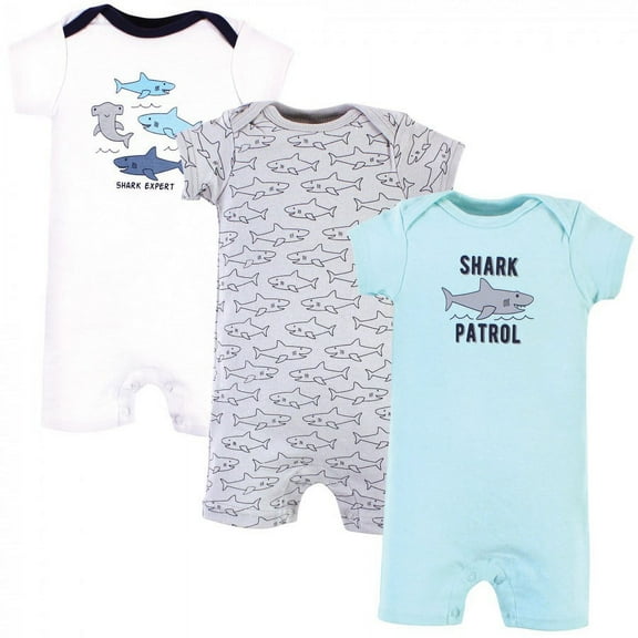 Hudson Baby Infant Boy Cotton Rompers, Shark Patrol, 0-3 Months