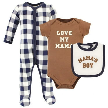 Hudson Baby Infant Boy Cotton Sleep and Play, Bodysuit and Bandana Bib Set, Brown Navy Mamas Boy, 6-9 Months