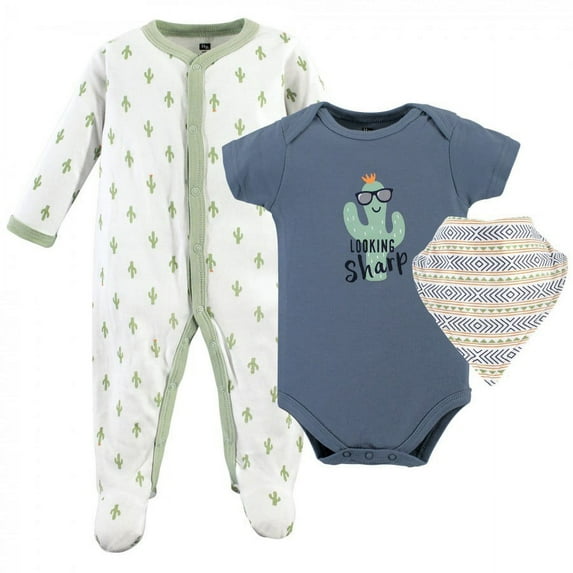 Hudson Baby Infant Boy Cotton Sleep and Play, Bodysuit and Bandana Bib Set, Cactus, 6-9 Months