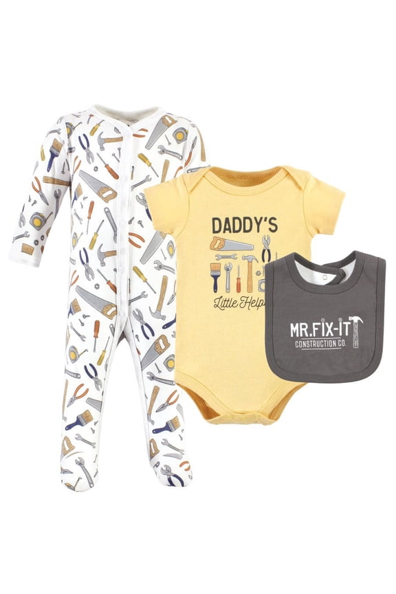 Infant Boy Cotton Sleep and Play, Bodysuit and Bandana Bib Set, Construction Work, 6-9 Months
