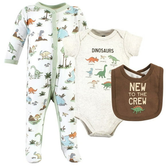 Hudson Baby Infant Boy Cotton Sleep and Play, Bodysuit and Bandana Bib Set, Dinosaur Adventures, 0-3 Months