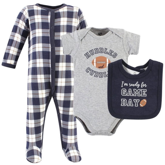 Hudson Baby Infant Boy Cotton Sleep and Play, Bodysuit and Bandana Bib Set, Football Huddles, Newborn