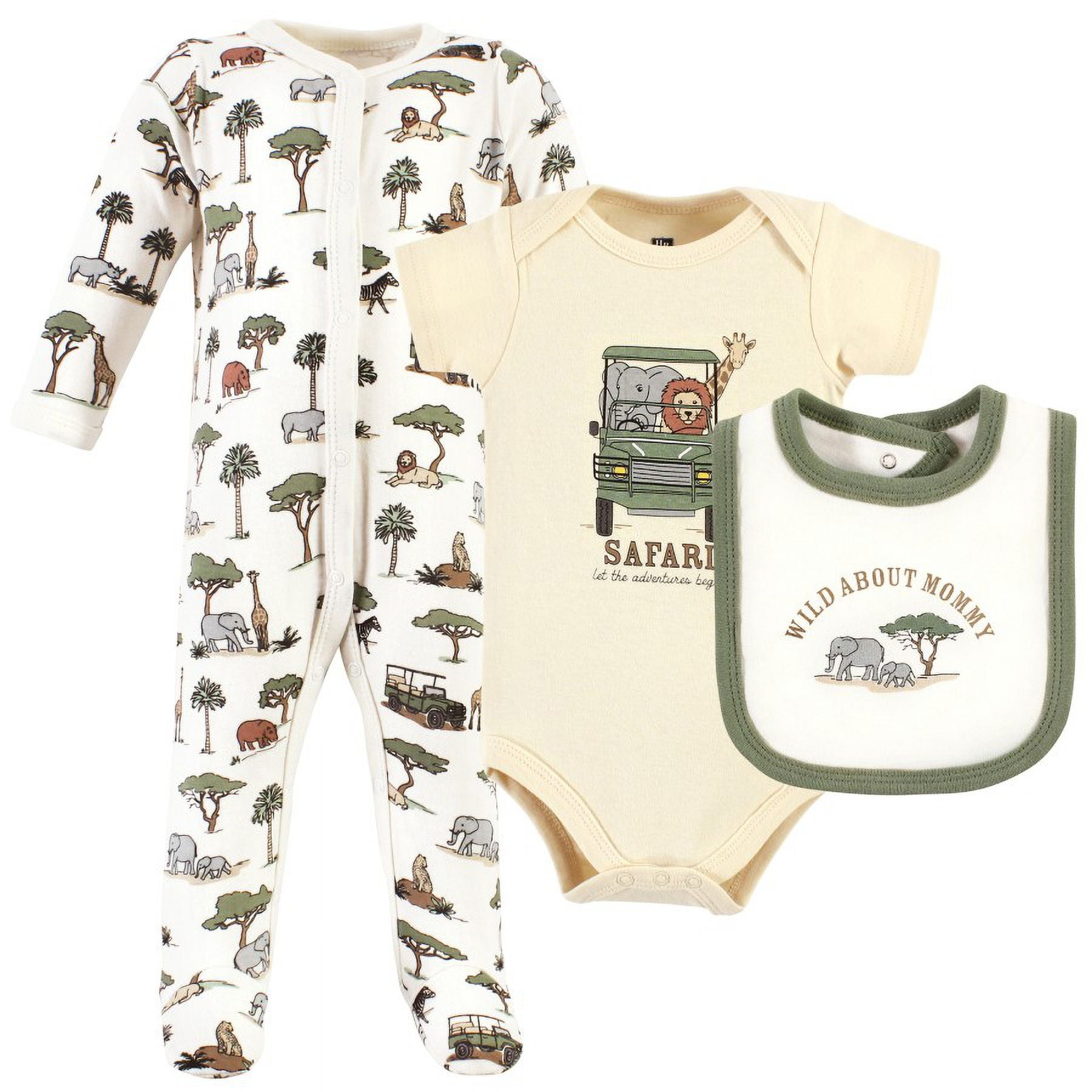 Hudson Baby Infant Boy Cotton Sleep and Play, Bodysuit and Bandana Bib Set, Going On Safari, Newborn