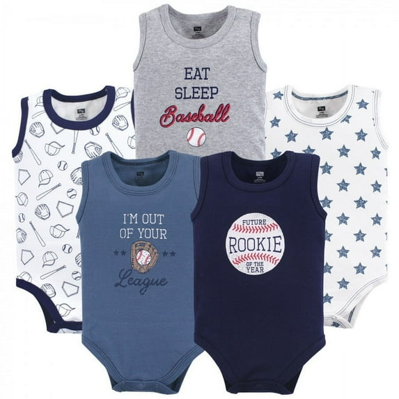 Hudson Baby Infant Boy Cotton Sleeveless Bodysuits 5pk, Baseball, 9-12 Months