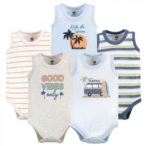 Hudson Baby Infant Boy Cotton Sleeveless Bodysuits 5pk, Gone Surfing, 0-3 Months