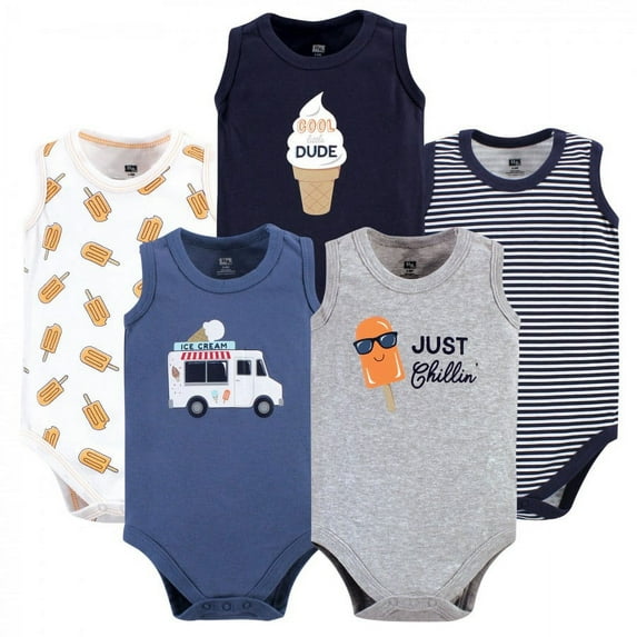 Hudson Baby Infant Boy Cotton Sleeveless Bodysuits 5pk, Ice Cream Truck, 12-18 Months