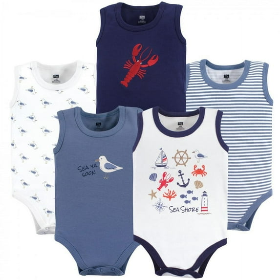 Hudson Baby Infant Boy Cotton Sleeveless Bodysuits 5pk, Sea Shore, 12-18 Months