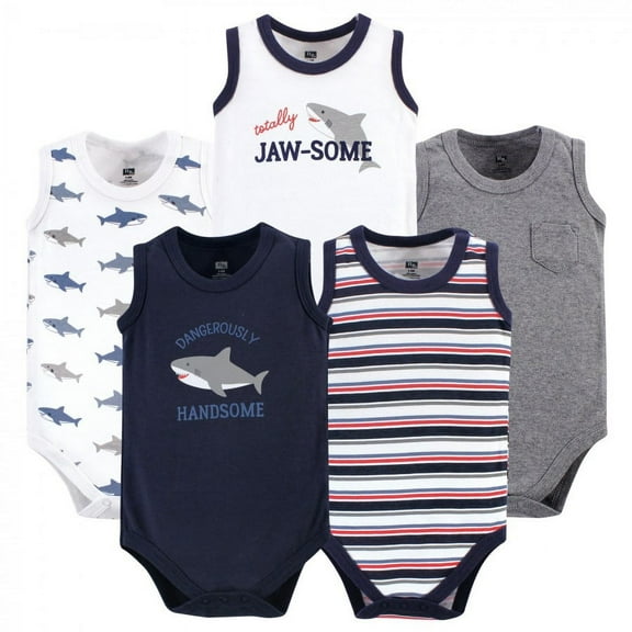 Hudson Baby Infant Boy Cotton Sleeveless Bodysuits 5pk, Shark, 6-9 Months