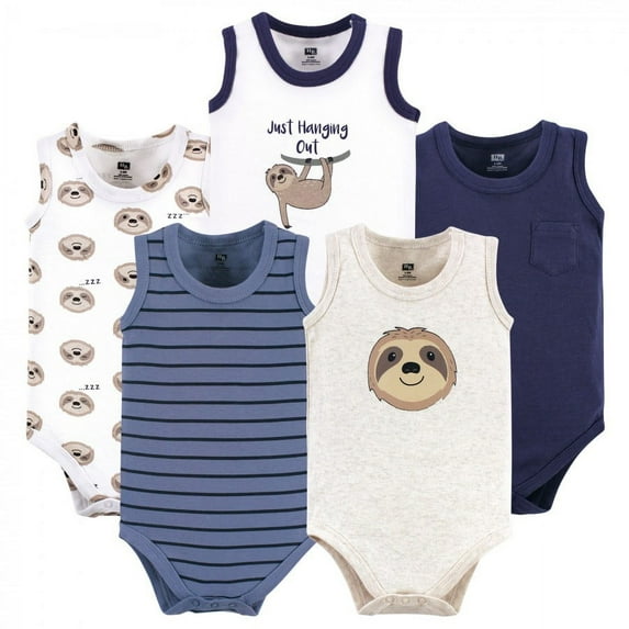 Hudson Baby Infant Boy Cotton Sleeveless Bodysuits 5pk, Sloth, 6-9 Months