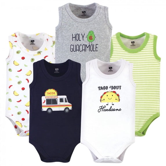 Hudson Baby Infant Boy Cotton Sleeveless Bodysuits 5pk, Taco Truck, 12-18 Months
