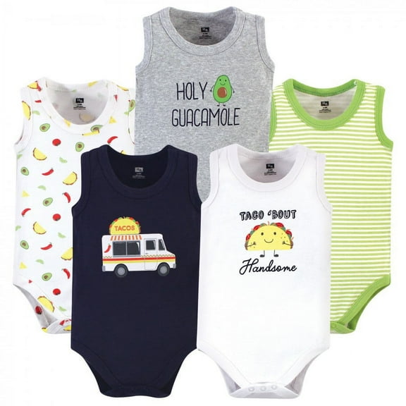 Hudson Baby Infant Boy Cotton Sleeveless Bodysuits 5pk, Taco Truck, 9-12 Months