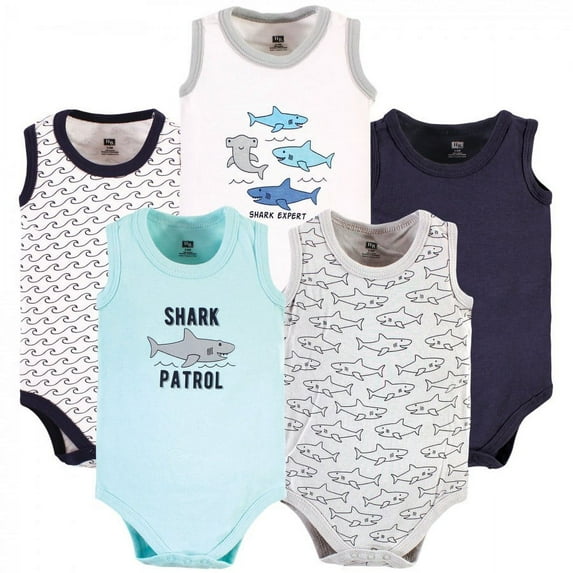 Hudson Baby Infant Boy Cotton Sleeveless Bodysuits, Shark Patrol, 12-18 Months