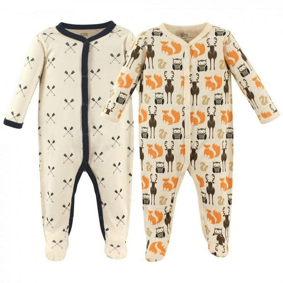 Hudson Baby Infant Boy Cotton Snap Sleep and Play 2pk, Cream Forest, 6-9 Months