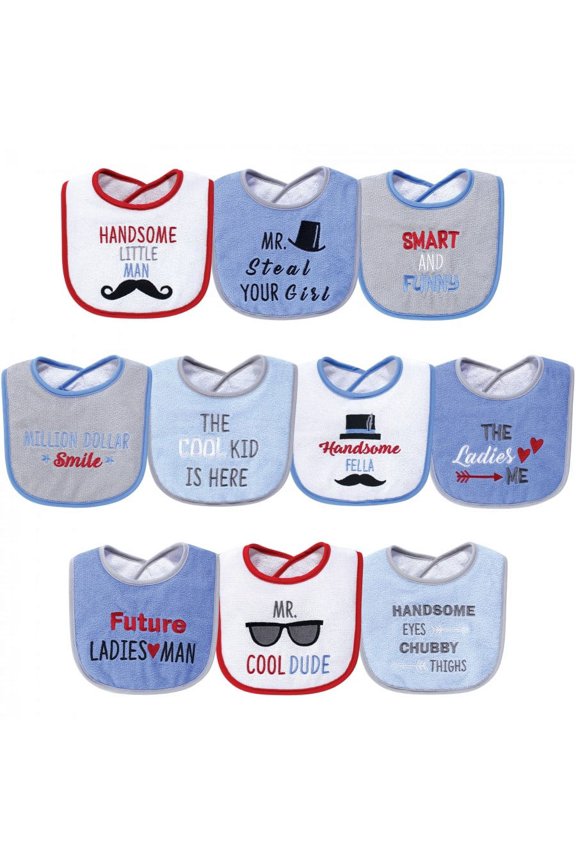 Infant Boy Cotton Terry Drooler Bibs with Fiber Filling 10pk, Handsome Eyes, One Size