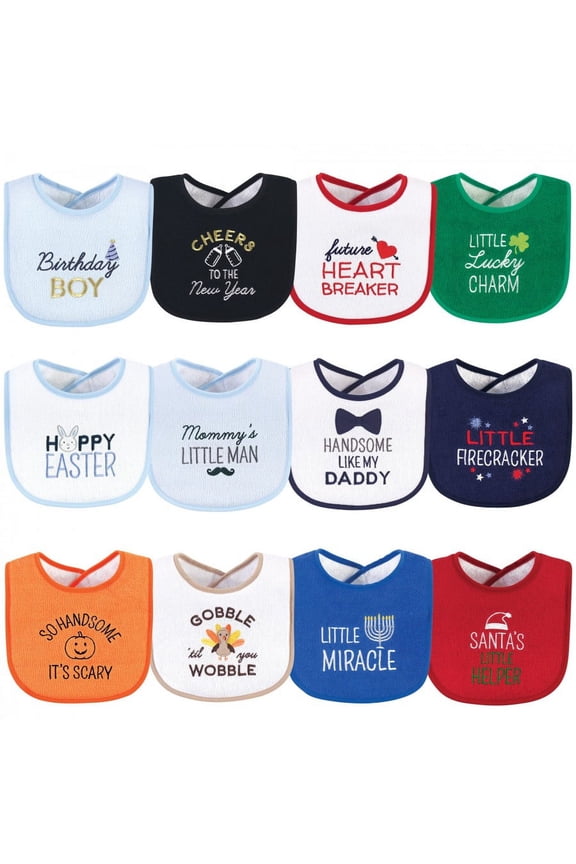 Infant Boy Cotton Terry Drooler Bibs with Fiber Filling 12pk, Cute Boy Holiday Sayings, One Size