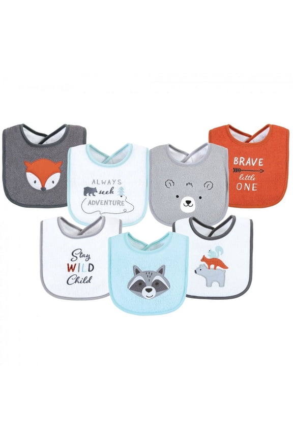 Infant Boy Cotton Terry Drooler Bibs with Fiber Filling, Boy Gray Woodland, One Size