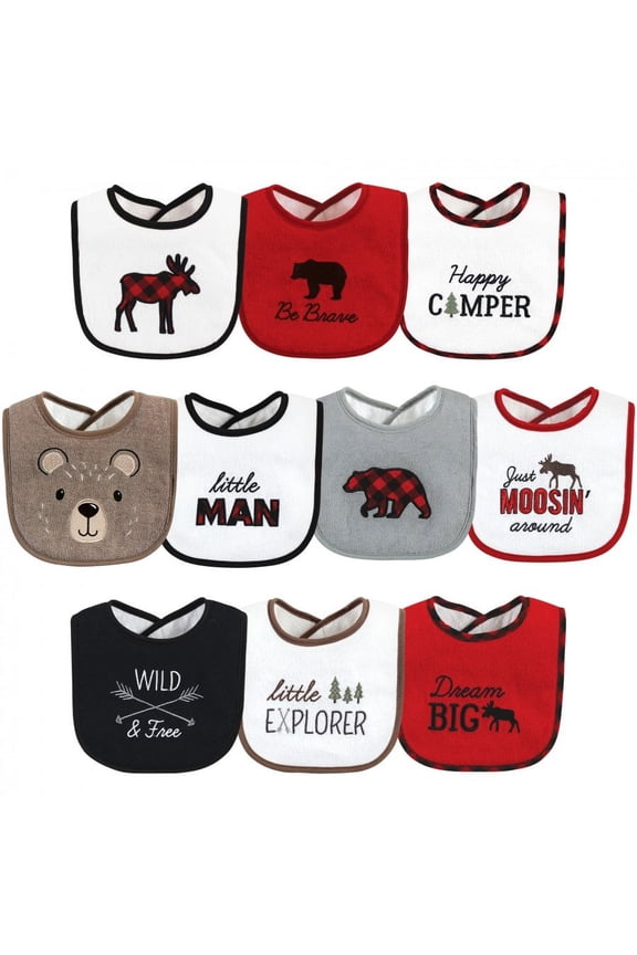 Infant Boy Cotton Terry Drooler Bibs with Fiber Filling, Boy Moose Bear, One Size