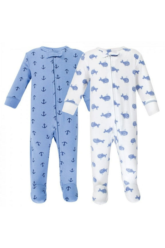 Infant Boy Cotton Zipper Sleep and Play 2pk, Blue Whales, 6-9 Months