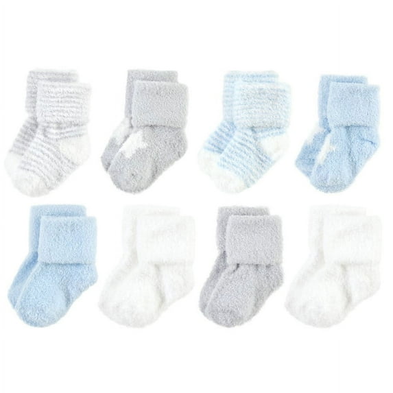 Hudson Baby Infant Boy Cozy Chenille Newborn and Terry Socks, Blue Star, 12-24 Months