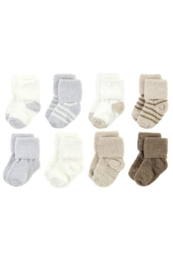 Infant Boy Cozy Chenille Newborn and Terry Socks, Gray Taupe Stripe, 6-12 Months